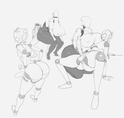 1boy 1girls android ass dankwoll femboy femboy_on_female free_form haydee haydee_(game) monochrome penis robot robot_boy robot_girl robot_neoanthropinae_polynian shamrock_(polynian) testicles thick_ass thick_thighs