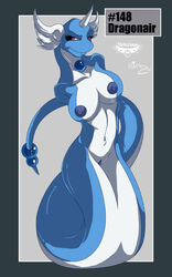 2012 blue blue_nipples breasts collaboration dragonair female horn mingchee naga navel nipples notorious84 nude pinup pokemon pokemorph pussy red_eyes solo tail the_pokedex_project