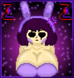 1girls big_breasts black_eyes blush breasts bunny_ears bunnysuit chara chara_(undertale) dark!chara dark_zixy easter female female_only huge_breasts irritated pixel_art purple_hair self_upload solo solo_female undertale undertale_(series) zixy