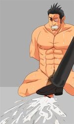 abs black_hair boner clenched_teeth cum_splatter erect_nipples erection facial_hair feet foot_on_penis free free_(soul_eater) gay hands_behind_back male male_only nude one_eye_closed pecs pointed_ears soul_eater strange_eyes yaoi