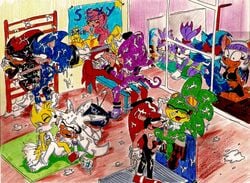 3girls 6+boys 8boys amy_rose amy_rose_(cameo) anal anal_sex being_watched blaze_the_cat box chabichou color cum cum_in_ass cum_in_mouth dumbbell erection espio_the_chameleon female fur green_skin group gym hedgehog jet_the_hawk knuckles_the_echidna male mephiles_the_dark mighty_the_armadillo mirror multiple_females multiple_males nude penetration penis poster radio rouge_the_bat scale sega shadow_the_hedgehog silver_the_hedgehog sonic_(series) sonic_riders sonic_the_hedgehog sonic_the_hedgehog_(series) table tail tails traditional_media uncensored window yaoi