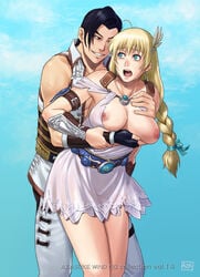 aqua_eyes azasuke belt black_hair blonde_hair braid breast_grab breasts clenched_teeth defeated earrings female fingerless_gloves green_eyes highres human large_breasts long_hair male maxi_(soul_calibur) milf molestation nipples open_mouth red_eyes short_hair smile sophitia_alexandra soul_calibur standing straight sweat topless