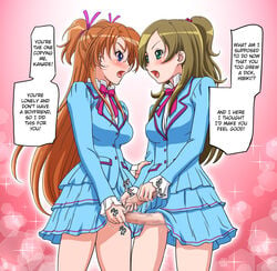 blue_eyes blush breasts censored clothing crossover futa_on_futa futa_with_futa futanari green_eyes handjob hard_translated houjou_hibiki intersex kousaka_jun long_hair minamino_kanade no_panties open_mouth penis precure pretty_cure skirt small_breasts suite_precure translated tsundere