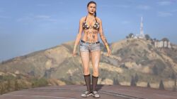 3d absurd_res absurdres belted_shorts black_socks body_writing brown_eyes brown_hair cum_dump denim_shorts dionys_ramirez emotionless emotionless_female expressionless female female_focus game_screenshot grand_theft_auto grand_theft_auto_v gta_prostitute long_hair modification nameless_character navel no_artist npc prostitute rockstar_games screenshot scrunchie shorts standing_at_attention tagme tattoo text tomboy unbothered unnamed_character