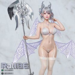 :) abdomen absurd_res alternate_version_available axe beautiful bra breasts collar commission demon demon_girl demon_horns demon_wings duel_monster earrings female female_only konami labrynth_of_the_silver_castle lady_labrynth_of_the_silver_castle legwear lipstick lovely_labrynth_of_the_silver_castle model modeling navel one_hand_behind_head one_hand_up panties pose princess queen rall96 semi_nude short_hair silver_eyes smile stomach twintails uncensored underwear weapon white_hair wings yu-gi-oh!