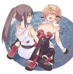 bandage bandages bare_shoulders blush boots breasts brown_hair champion_(ragnarok_online) circlet closed_eyes clothed_sex cum cum_on_body cum_on_breasts cum_on_clothes cum_on_upper_body detached_sleeves dirty female fireflysnow futa_on_female futa_with_female futanari hair_ribbon head_wings intersex long_hair multiple_girls nipples open_mouth ponytail ragnarok_online ribbon saliva short_hair sitting smile tied_hair tongue torn_clothes wariza