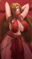 1girls arms_behind_head artist_request big_breasts blue_eyes breasts breasts_bigger_than_head female hair harem_outfit huge_breasts jewelry limbus_company long_hair lots_of_jewelry navel project_moon rodion_(limbus_company) thick_thighs thighs