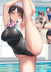 3girls big_breasts breasts brown_hair female hi_res kase_daiki leg_up looking_at_viewer ponytail pool streching sweat swimming_goggles swimsuit tagme wedgie