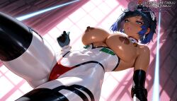 ai_generated ass_visible_through_thighs bare_shoulders black_footwear black_gloves black_hair blue_hair blush bob_cut bodysuit breasts breasts_out cameltoe covered_navel dangle_earrings dark-skinned_female dark_nipples dark_skin diagonal_bangs earrings elbow_gloves female from_below genshin_impact gloves green_eyes hair_ornament hairpods impossible_bodysuit indoors interface_headset jewelry large_breasts lips looking_at_viewer meitabuu mole mole_on_breast multicolored_hair nipples parted_lips pilot_suit plugsuit pussy science_fiction shiny_clothes shiny_skin short_hair skin_tight solo thigh_boots thighhighs thighs topless two-tone_hair white_bodysuit window yelan_(genshin_impact)