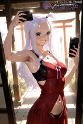 ai_generated arm_up armpit_hair armpits bare_shoulders black_bra black_panties black_sports_bra blue_eyes blush breasts cellphone cleavage clothing_cutout cowboy_shot dress fairy_tail female female_pubic_hair forehead grin holding holding_phone jewelry long_hair looking_at_viewer medium_breasts meitabuu mirajane_strauss navel navel_cutout necklace panties pendant phone pubic_hair pubic_hair_peek red_dress selfie smartphone smile solo sports_bra standing sweat teeth torii underwear white_hair