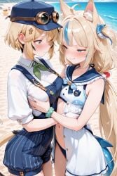 2girls ai_generated arbitrary beach blonde_hair blue_eyes breast_grab dooby3d fox_ears goggles goggles_on_head green_eyes hat sameko_saba vtuber
