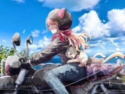 animal bird blonde_hair blue_sky cloud day female gloves ground_vehicle helmet long_hair motor_vehicle motorcycle outdoors pants profile sfw sitting sky smile solo squchan_(vtuber) vyugen