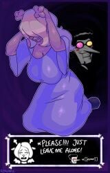antlers big_breasts cleavage crying deltarune deltarune_chapter_2 dialogue_box dress english_text geowaffle hands_on_head large_breasts mental_breakdown noelle_holiday spamton_g_spamton tagme tears text_box