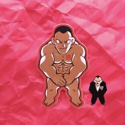 bara black_hair gooey_candy gym_leader hidden_penis muscles nintendo pokemon pokemon_rgby red_background rocket_league smile smiling_at_viewer solo sweating tattoo tattoo_on_chest