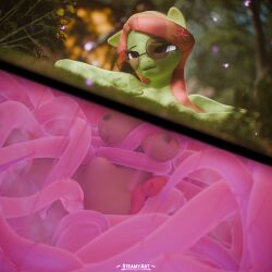 1:1 3d_(artwork) absurd_res ambiguous_gender ambiguous_penetrating ambiguous_penetrating_female anthro breasts digital_media_(artwork) equid equine eyebrows eyelashes eyewear female female/ambiguous female_penetrated fingers friendship_is_magic genitals green_body hair hasbro hi_res mammal my_little_pony nipples nude outside penetration pupils sex solo_focus steamyart stomach_bulge sunglasses tentacle tentacle_in_vagina tentacle_penetration tentacle_sex tree_hugger_(mlp) vaginal_penetration vaginal_penetration vulva