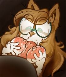 anthro april_(vg_cats) areola big_areola big_breasts big_nipples breast_play breasts domestic_cat duo eyelashes eyewear faceless_character felid feline felis fellatio female freckled_arms freckled_breasts freckled_face freckles fur genitals glasses green_eyes hair holding_breast long_hair male male/female mammal nerd nipples nude nude_anthro nude_female offscreen_character oral orange_body orange_fur orange_hair penile penis scott_ramsoomair sex titjob vein veiny_penis vg_cats vglewds
