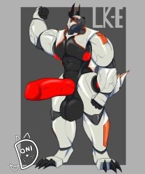 abs absurd_res ambiguous_fluids anthro bodily_fluids canid canine canis corrupted corruption donisette drooling erection flexing genitals hi_res humanoid_genitalia lk-e_(slugterra) looking_at_viewer looking_down machine male male_only mammal mecha-beast muscles muscular nipples pecs penis red_nipples red_penis robot saliva slugterra solo vein veiny_muscles veiny_penis wolf