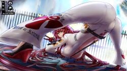 guilty_gear guilty_gear_strive jack-o_pose jack-o'_valentine 1girls red_hair breasts big_breasts cleavage big_ass ass looking_at_viewer looking_back bodysuit solo long_hair skin_tight green_eyes pink_hair rating:safe very_long_hair large_breasts belt gloves