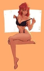 antwolph aubrey_(sea_legs) barefoot bikini black_bikini body_freckles borrowed_character breasts brown_hair cleavage closed_eyes freckles full_body hair_down highleg highleg_bikini invisible_chair long_hair medium_breasts ndasfw original pulled_by_self sitting strap_pull swimsuit