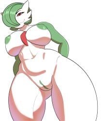 anthro areola big_breasts biped breasts curvy_figure eyebrows female gardevoir generation_3_pokemon genitals green_areola green_hair green_nipples green_vulva hair hands_behind_back hi_res kiyathejackal looking_at_viewer looking_down looking_down_at_viewer navel navel_line nintendo nipples nude nude_anthro nude_female pokemon pokemon_(species) pokemorph red_eyes simple_background smile smirk solo vulva white_background wide_hips