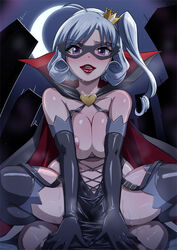 arsene breasts butcha-u cape cowgirl_position crown domino_mask elbow_gloves eroquis gloves henriette_mystere large_breasts lipstick mask purple_eyes saliva sex sweat tantei_opera_milky_holmes thighhighs