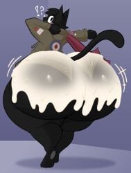 2025 ambiguous_gender anthro ass big_ass big_butt black_body black_fur blush bodily_fluids bottom_heavy bottomless bottomless_anthro brown_clothing brown_sweater brown_topwear canid canine clothed clothing cum cum_on_ass cum_on_butt ekkokenight fox fur genital_fluids hi_res huge_ass huge_butt hyper hyper_ass hyper_butt jack_(zedfox) mammal mostly_nude pear-shaped_figure rear_view red_scarf scarf simple_background solo stretching surprise sweater thick_thighs topwear wide_hips wiggle_lines