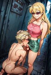 ai_generated black_lagoon blonde_hair blowjob blue_eyes crop_top crying dominant_futa eda futa_on_male futadom futanari green_skirt hand_on_head intersex male pink_shirt smug submissive_male tearing_up