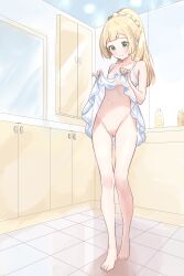 dress_lift lillie_(pokemon) no_panties partially_undressed pokemon pokemon_sm skirt_lift third-party_edit vagina