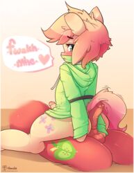 balls bandana big_macintosh_(mlp) blush bondage bottomless bound butterscotch_(hoodie) buttjob cloth_gag clothed clothing collar duo equine erection fan_character friendship_is_magic gag girly heart hoodie hoodie_(artist) male mammal muffled my_little_pony outercourse penis sweater trap yaoi