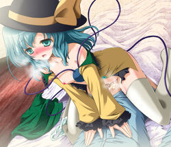 1girls aqua_eyes aqua_hair bed blush breasts cowgirl_position cum cum_inside erect_nipples eyeball female green_panties hat heart heart-shaped_pupils koishi_komeiji open_clothes open_mouth open_shirt panties panties_around_leg panties_around_one_leg rape reverse_noise saliva sex solo straddle symbol-shaped_pupils thighhighs touhou uncensored underwear white_legwear yamu_(reverse_noise)