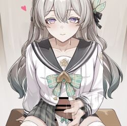 1boy bar_censor black_skirt censored commentary_request desk female firefly_(honkai:_star_rail) firefly_(spring_missive)_(honkai:_star_rail) grey_hair hair_ornament handjob heart highres honkai:_star_rail honkai_(series) long_hair official_alternate_costume on_desk penis pleated_skirt school_desk school_uniform se34tai serafuku sitting skirt smile straight white_serafuku