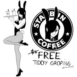 1girls antwolph asking_for_it brand_name_imitation breasts english_text female fishnet_legwear fishnets full_body hair_over_one_eye leotard long_hair medium_breasts monochrome pantyhose public_use pumps rabbit_ears rabbit_girl rabbit_tail solo standing_on_one_leg starbucks text tray