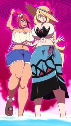 2girls blonde_hair blue_eyes breasts cleavage cynthia_(pokemon) cynthia_(summer_2025)_(pokemon_masters) denim denim_shorts dynamax female female_only hat justdrawingjake large_breasts navel nintendo one_eye_closed open_mouth pokemon pokemon_bw pokemon_dppt pokemon_masters red_hair sandals shorts skirt skyla_(pokemon) skyla_(summer_2025)_(pokemon_masters) thick_thighs thighs