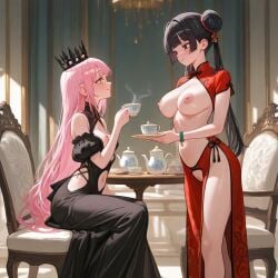 2girls ai_generated black_dress black_hair breasts breasts_cutout breasts_out china_dress ching_shih_(kosine1777) crown dress drinking_tea female flat_chest hair_buns hair_down hime_(kosine1777) kosine1777 kosineverse large_breasts master nipples ocs original original_characters pink_hair plate plates princess pussy pussy_cutout red_dress servant serving serving_tray sitting small_breasts standing stomach stomach_cutout table tea tea_cup tea_set