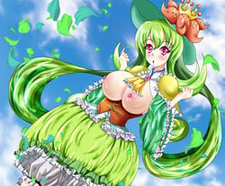 artist_request blush breasts breasts_out cosplay crown dress green_hair hat highres human large_breasts lilligant lilligant_(cosplay) personification pixiv_manga_sample pokemon pokemon_(cosplay) purple_eyes resized shiny_skin yurikuro