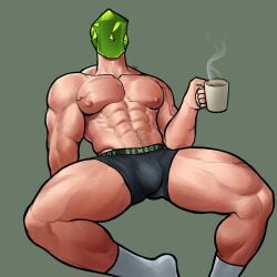 1boy abs big_bulge black_underwear body_hair bulge coffee coffee_mug david_demantoid drink faceless faceless_character faceless_human faceless_male gem gherodv holding_mug male male_only muscles muscular muscular_arms muscular_male muscular_thighs nipples object_head pubic_hair socks solo solo_focus solo_male underwear white_socks