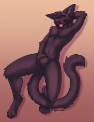 anthro black_body black_fur black_nose blush domestic_cat felid feline felis fur hi_res long_tail lying male mammal nude null null_bulge null_bulge_squeeze on_back orange_eyes skylardoodles solo tail tongue tongue_out