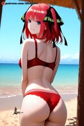 ai-generated ass beach beach_house bra breasts female go-toubun_no_hanayome happy looking_at_viewer looking_back nakano_nino non-web_source nude panties red_bra red_panties self-upload solo standing underwear