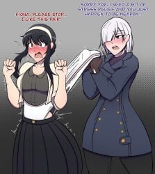 2025 2girls black_hair blush english_text fiona_frost gloves hair_over_one_eye lolo_mp3 long_hair open_mouth panties panty_pull purple_eyes red_eyes skirt spy_x_family standing surprised sweat sweatdrop tagme text thick_thighs thighs trembling wedgie white_hair white_panties yor_briar