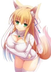 :o boob_window bottomless female female_only fox_ears fox_girl fox_tail green_eyes leaning_forward legwear original original_character stockings sweater white_legwear white_stockings yuzu_modoki