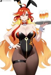 1girls big_breasts big_breasts bunny_ears bunny_girl bunnysuit genshin_impact hoyoverse light-skinned_female lord_dante mavuika_(genshin_impact) mihoyo orange_eyes orange_hair playboy_bunny qos_clothing serving_drink sexy_body smile snowbunny thicc thicc_thighs