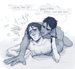 2boys arcane arcane_jayce arcane_viktor biting_lip black_and_white blush crying dialogue gay gripping_sheets jayce_talis moaning on_bed pleasure_face prone_bone romantic sweat sypher_draws tie viktor_(league_of_legends)