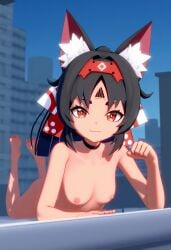 ai_generated ass cat_ears catgirl exhibitionism hoyoverse laying_on_stomach mihoyo nekomata nekomiya_mana nude outdoors public public_nudity rooftop smile zenless_zone_zero zzz