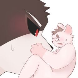 2025 anthro bodily_fluids duo eyewear glasses hi_res kemono kmbr2235 male mammal micro mouse murid murine rodent simple_background size_difference slightly_chubby sweat white_background xxl_woofia