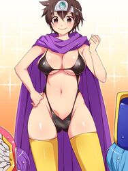 artist_request bikini blush brown_eyes brown_hair bulge cape censored dragon_quest dragon_quest_iii futanari hand_on_hip headband heroine_(dq3) highres hips intersex large_breasts midriff navel priest_(dq3) roto short_hair sling_bikini smile soldier_(dq3) stockings string_bikini sweat swimsuit thighhighs