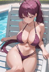 1girls ai_generated bikini breasts chair dolla_(nikke) female goddess_of_victory:_nikke hair_between_eyes hime_cut large_breasts long_hair pale-skinned_female pale_skin ponytail pool purple_bikini purple_hair sitting sitting_on_chair