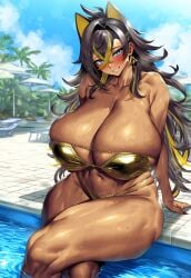 1girls 2vuiai ai_generated big_breasts big_thighs bikini blush breasts dark-skinned_female dark_skin dehya_(genshin_impact) female female_only genshin_impact giant_breasts gigantic_breasts gigantic_thighs gold_bikini huge_breasts huge_thighs large_breasts large_thighs massive_breasts massive_thighs navel swimsuit thick_thighs thighs voluptuous wide_thighs