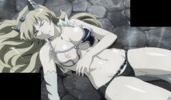 blonde_hair breasts closed_eyes elina female high_resolution long_hair lying_down queen's_blade screencap solo torn_clothes