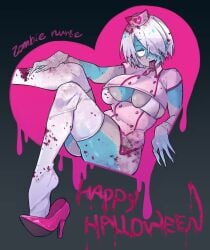alternate_costume big_breasts bikini_top blood blood_stain blue_skin breasts cleavage cute_fang female female_only gegege_no_kitarou genderswap_(mtf) gloves hair_over_one_eyes half-closed_eyes halloween halloween_costume high_heels kitarou_tanjou_gegege_no_nazo long_fingernails long_tongue mainasu medama_oyaji_(human) nurse nurse_cap nurse_uniform patchwork_skin rule_63 sharp_fingernails short_hair solo thick_thighs tongue tongue_out underboob white_hair white_legwear white_thighhighs