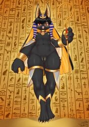 2025 4_fingers 4_toes anklet anthro anubian_jackal anubis barefoot big_hands biped black_body black_ears black_fur black_hair black_tail blonde_hair blush blush_lines bracelet canid canine canis cheek_tuft choker claws clothed clothing colored deity detailed_background digital_media_(artwork) egyptian egyptian_clothing egyptian_mythology eyelashes eyeshadow facial_tuft fangs feet female female_anthro finger_claws fingers flat_chested front_view full-length_portrait fur genitals glistening glistening_eyes gold_(metal) gold_eyeshadow gold_jewelry gold_nipples hair handpaw headdress hi_res hieroglyphics holding_object holding_staff innie_vulva jackal jewelry kemono legband long_hair looking_at_viewer low-angle_view makeup mammal middle_eastern_mythology monotone_body monotone_fur monotone_tail mostly_nude multicolored_hair mythology navel necklace nipples open_mouth open_smile pawpads paws portrait pupils red_eyes shaded signature smile solo staff standing tail teeth thighband toe_claws toes tuft two_tone_hair uraeus usekh vulva wolflong yellow_claws yellow_eyeshadow yellow_inner_ear yellow_nipples yellow_pawpads yellow_pupils
